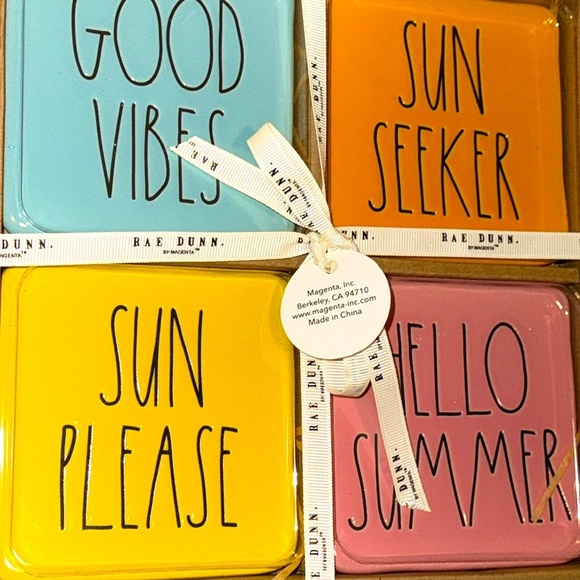 NWT HTF Rae Dunn Ceramic 4 Piece Boxed Bright Coasters Good Vibes Sun Seeker - Picture 7 of 7